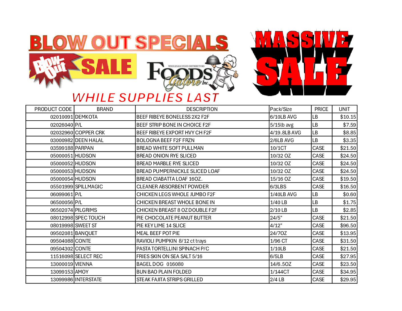 Promotional flyer for Foods Galore Inc. featuring blow-out specials and massive sale deals.