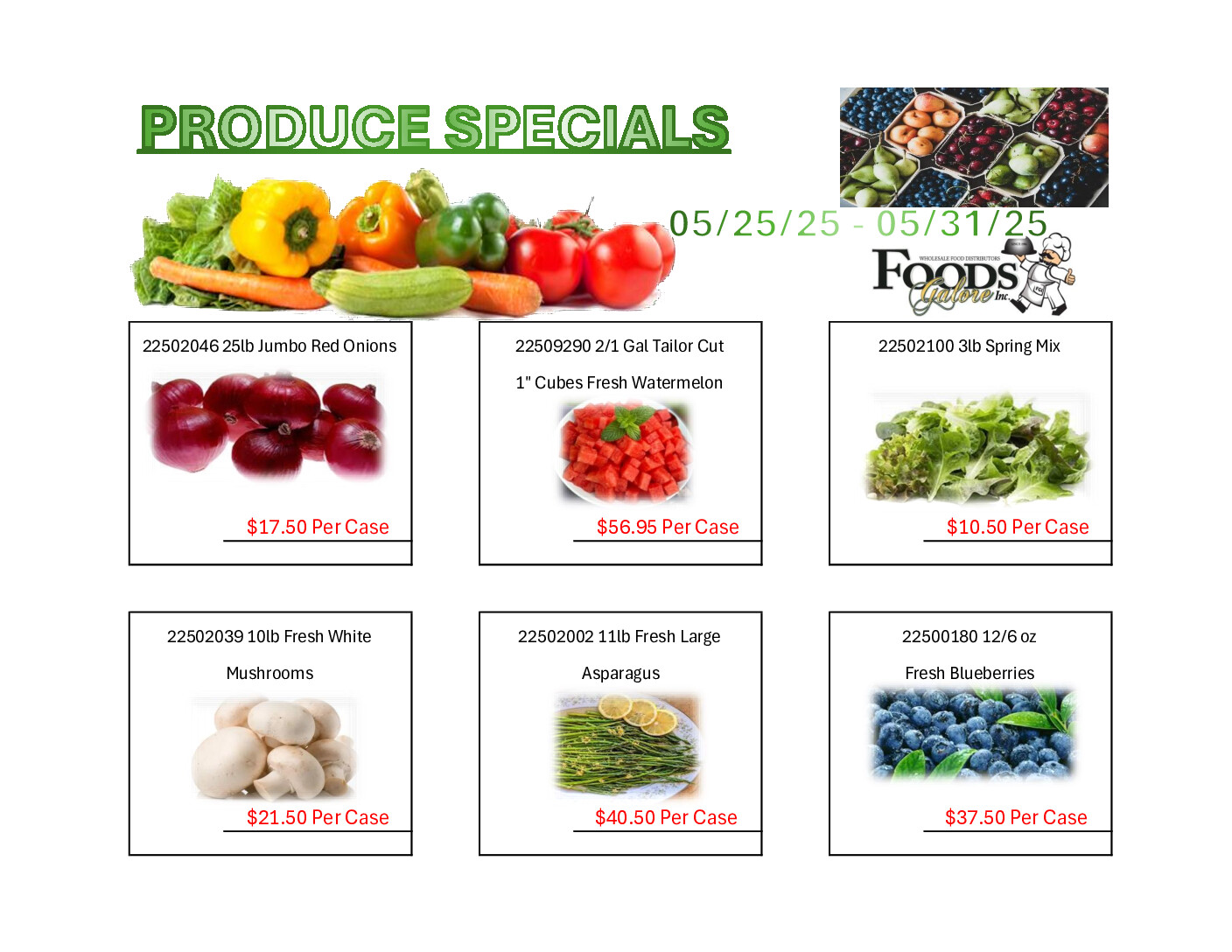 Promotional produce specials flyer featuring fresh fruits and vegetables for late May 2025.