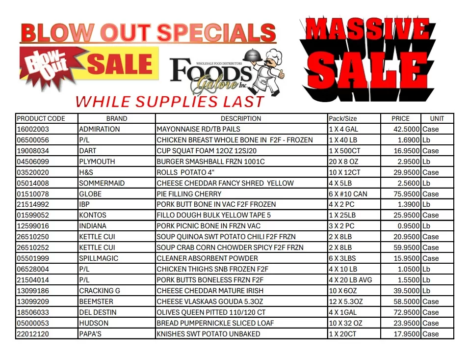 Blow-out food specials from Foods Galore Inc. with limited availability on essential products.