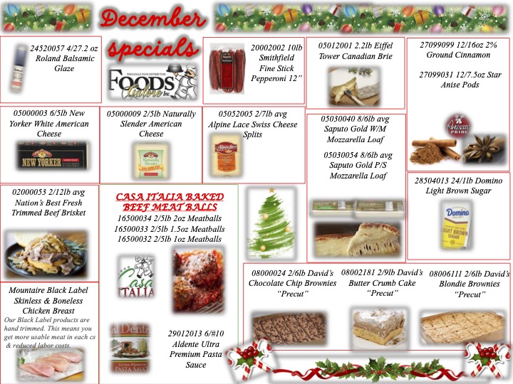 December food specials flyer featuring festive holiday treats, cheeses, meats, and baking essentials.