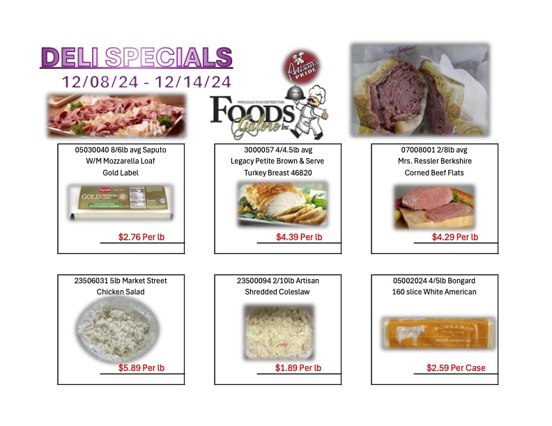 Deli specials at Foods Galore: fresh meats and salads available December 8-14, 2024.