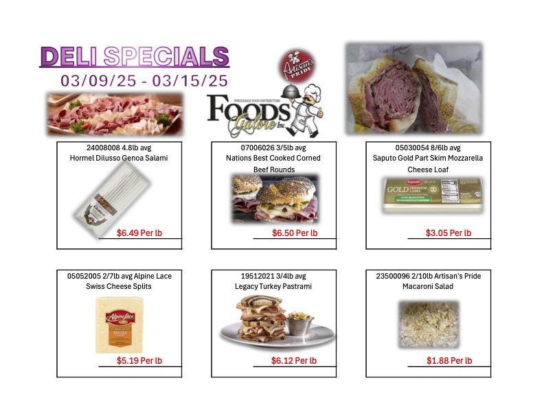 Delicious deli specials for March 2025 featuring meats, cheeses, and salads at Foods Galore.