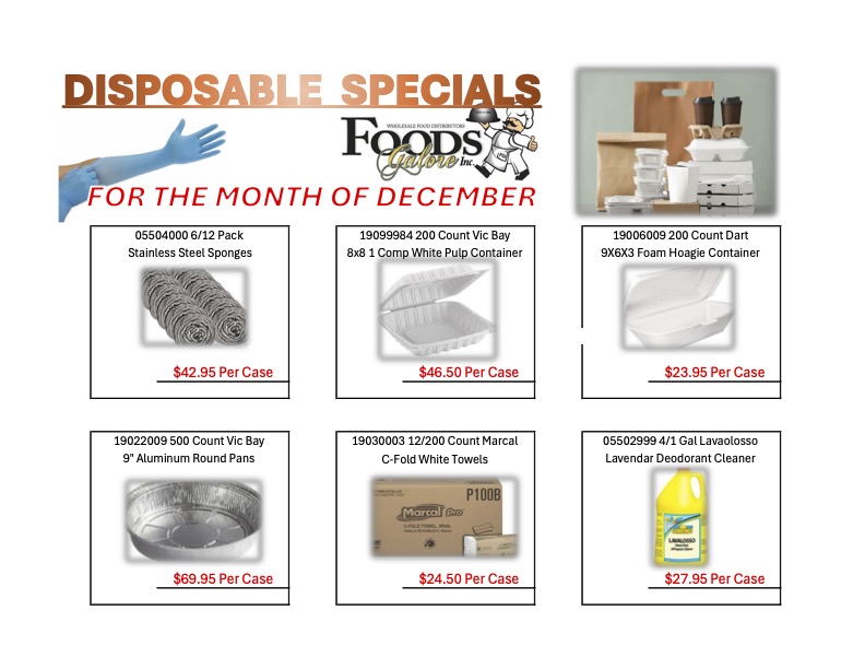 December Disposable Specials at Foods Galore for food service supplies and sanitation needs.