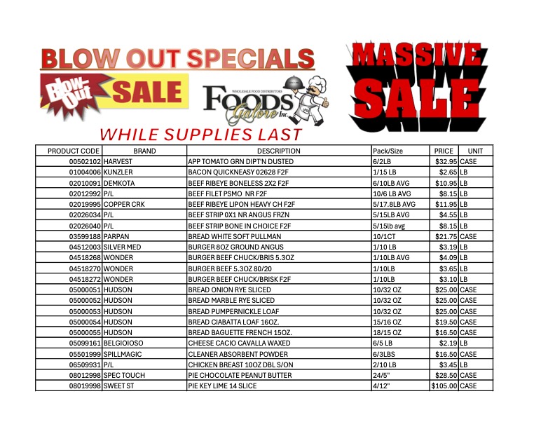 Blow out specials at Foods Galore: Massive sale on diverse food products and bulk deals.