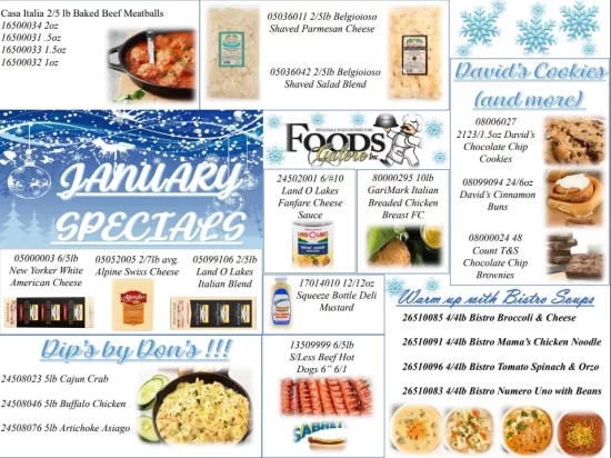 January food specials featuring Italian cuisine, dips, and comforting soups from Foods Galore Inc.