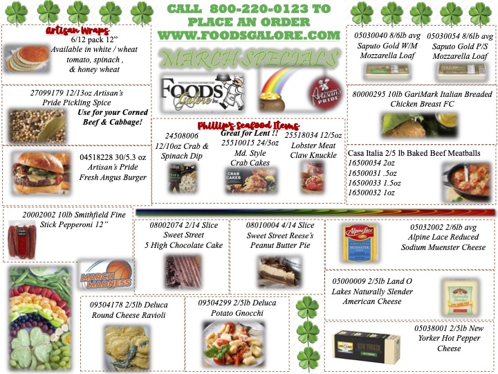 March food specials at Foods Galore: artisan wraps, seafood, sweets, and delicious options.