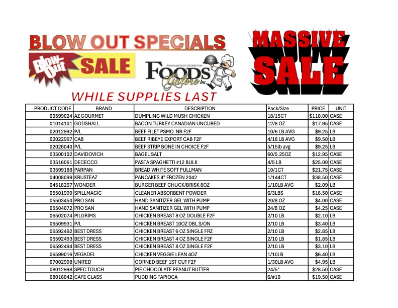 Blow Out Specials at Foods Galore: Massive Sale on bulk food and non-food products.