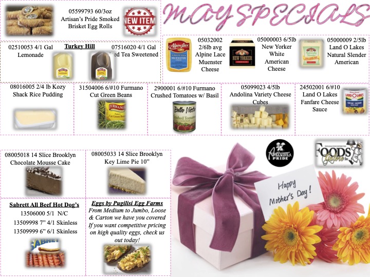 May grocery specials flyer featuring new food items, beverages, and desserts for Mothers Day.