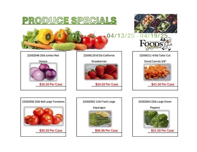 Produce specials flyer for April 2025 featuring fresh fruits and vegetables with pricing details.