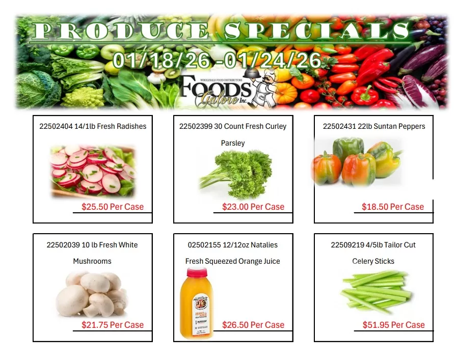 Fresh produce specials from Foods Galore, January 2026, featuring colorful vegetables and competitive prices.