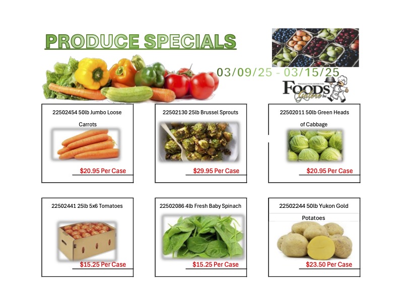 Fresh produce specials for March 2025 featuring colorful vegetables and competitive pricing.