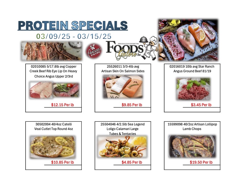 Promotional flyer showcasing protein specials at Foods Galore, featuring meats and seafood deals.