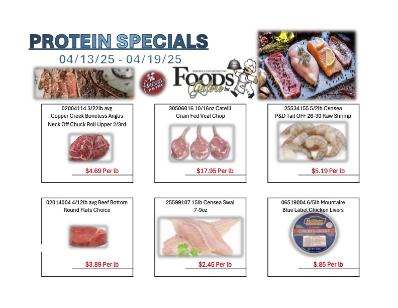 Protein specials flyer highlighting meat and seafood deals from April 13 to April 19, 2025.