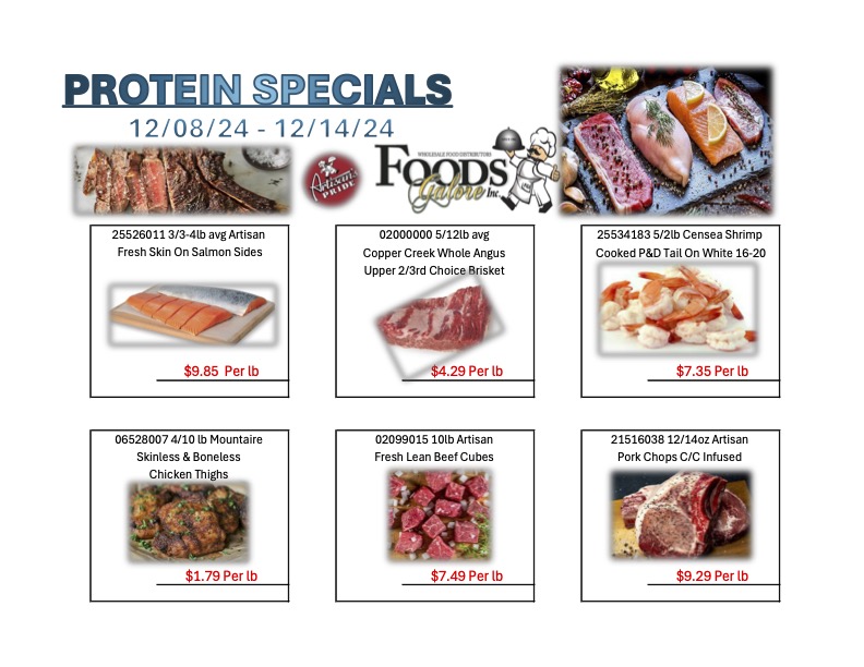 Protein specials at Foods Galore: fresh salmon, brisket, chicken, shrimp, and pork chops on sale.