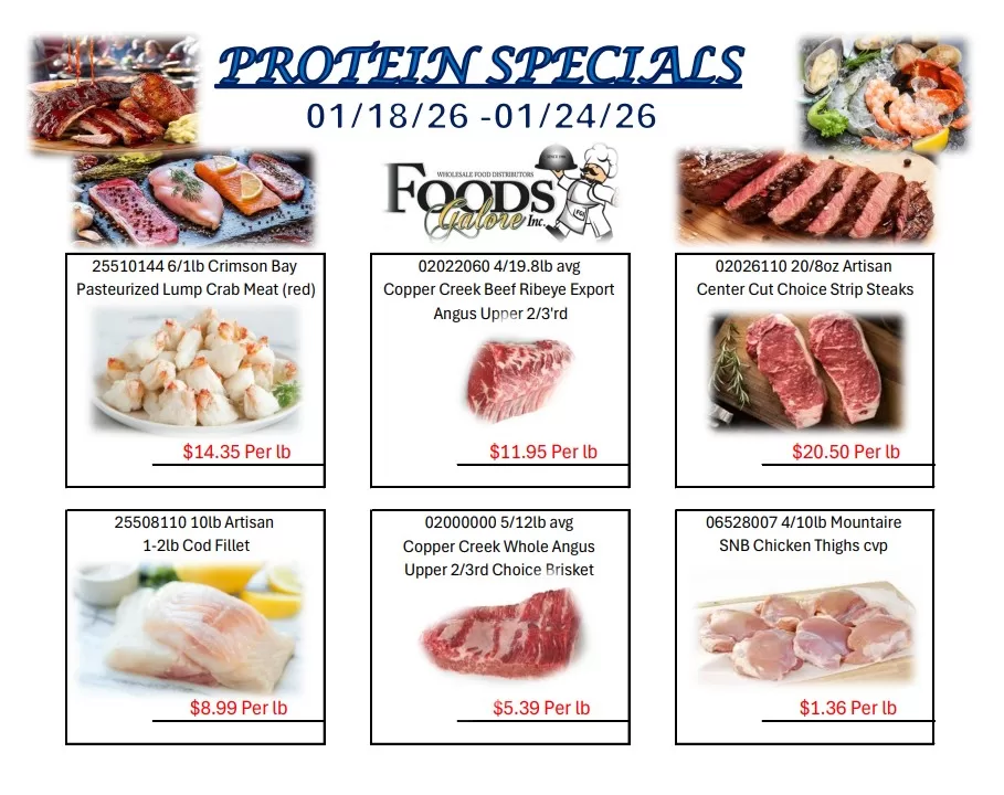 Protein specials flyer featuring fresh meats, crab, beef, and chicken at Foods Galore Inc.
